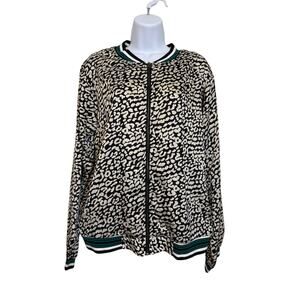 Kori Black Leopard Bomber Jacket S Animal Print Green Trim Streetwear Y2K Trendy